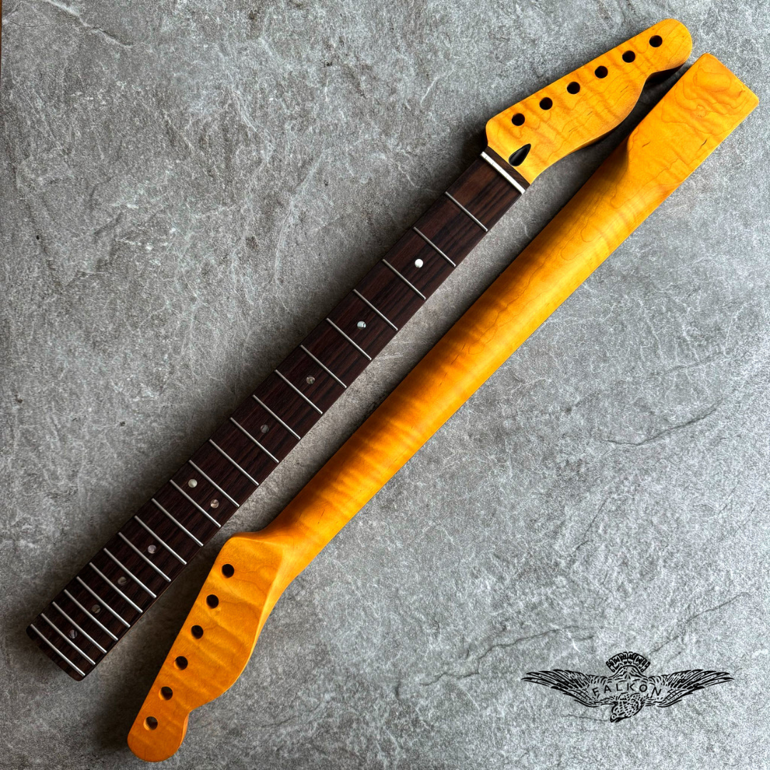 Tele Guitar Neck – 22 Fret Tiger Flame Rosewood 12" Radius, Yellow Satin Finish