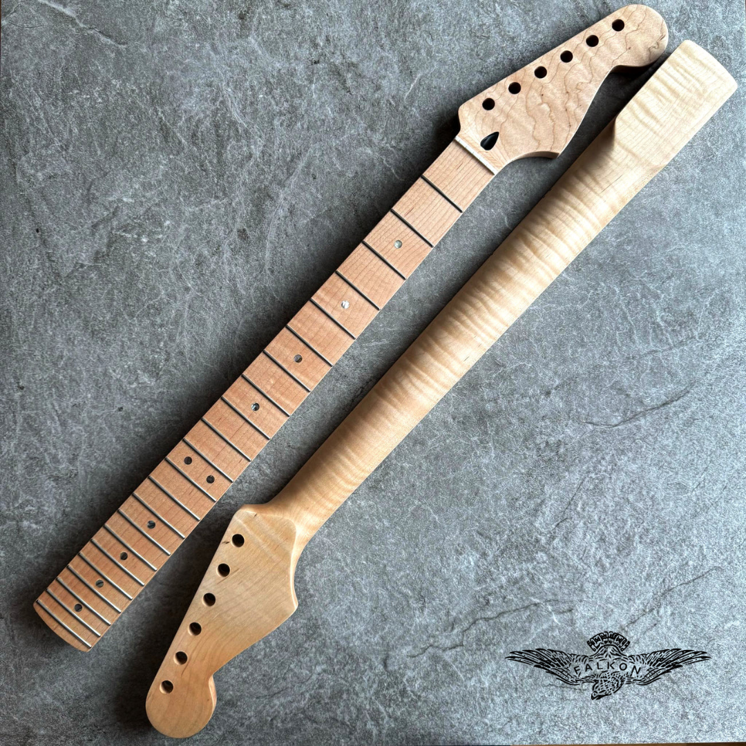 Strat Guitar Neck – 22 Fret Tiger Flame Maple, 12" Radius, Natural Satin