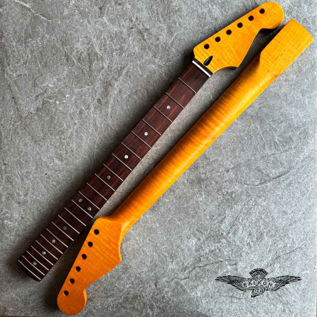 Strat Guitar Neck – 22 Fret Tiger Flame Rosewood 12" Radius, Yellow Satin Finish