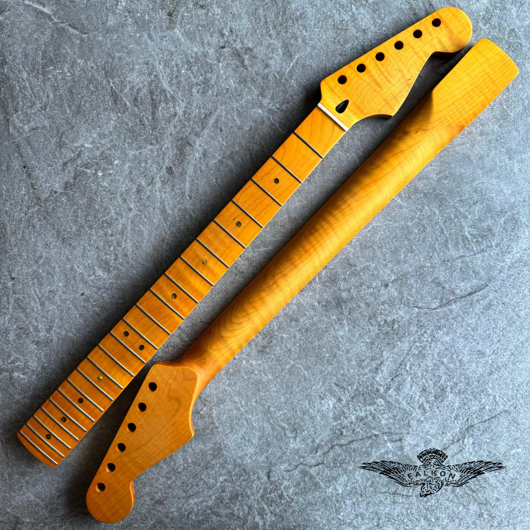 Strat Guitar Neck – 22 Fret Tiger Flame Maple, 12" Radius, Yellow Satin Finish