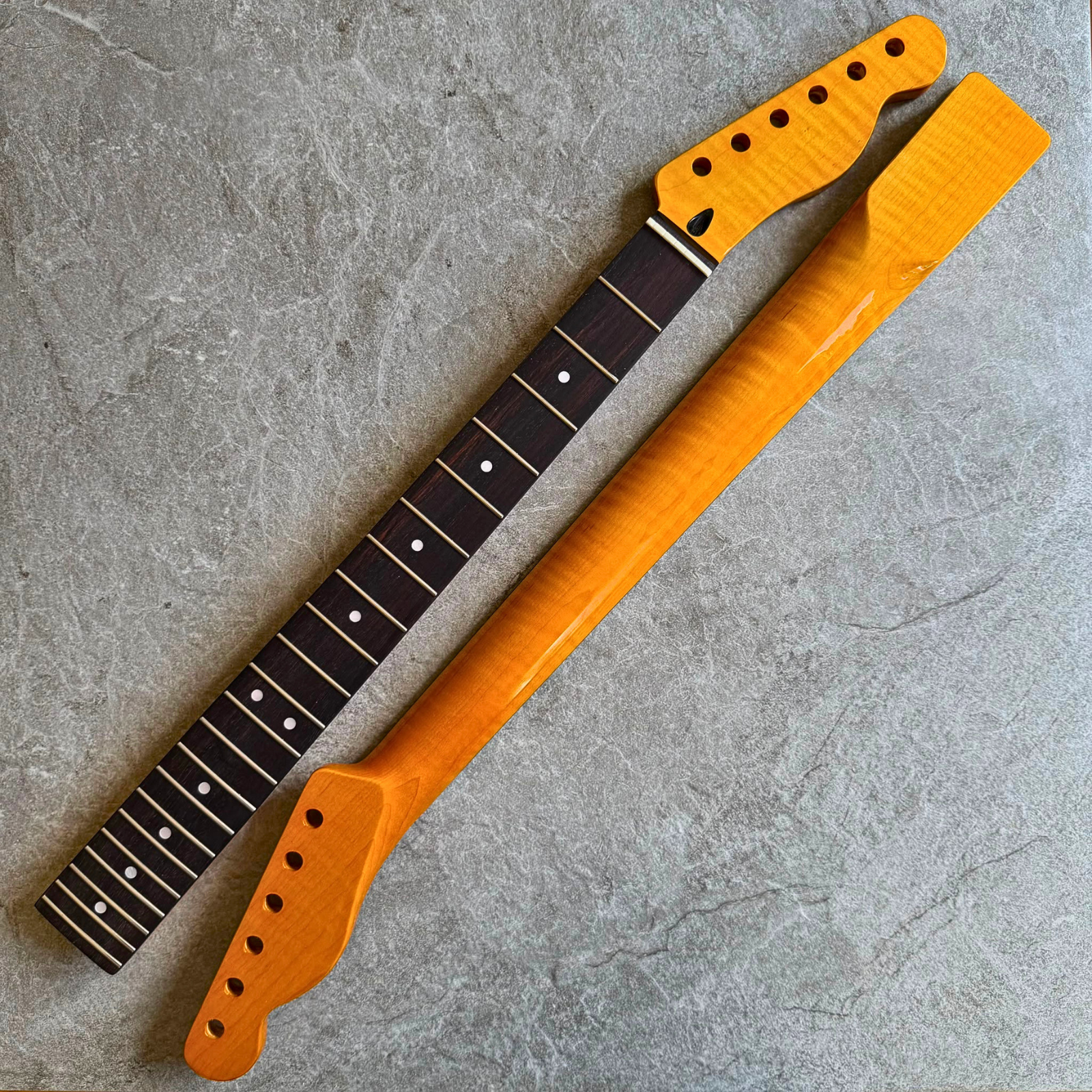 Tele Guitar Neck Yellow Flame Maple 22 Fret Rosewood Fretboard, Gloss Finish, 12" Radius