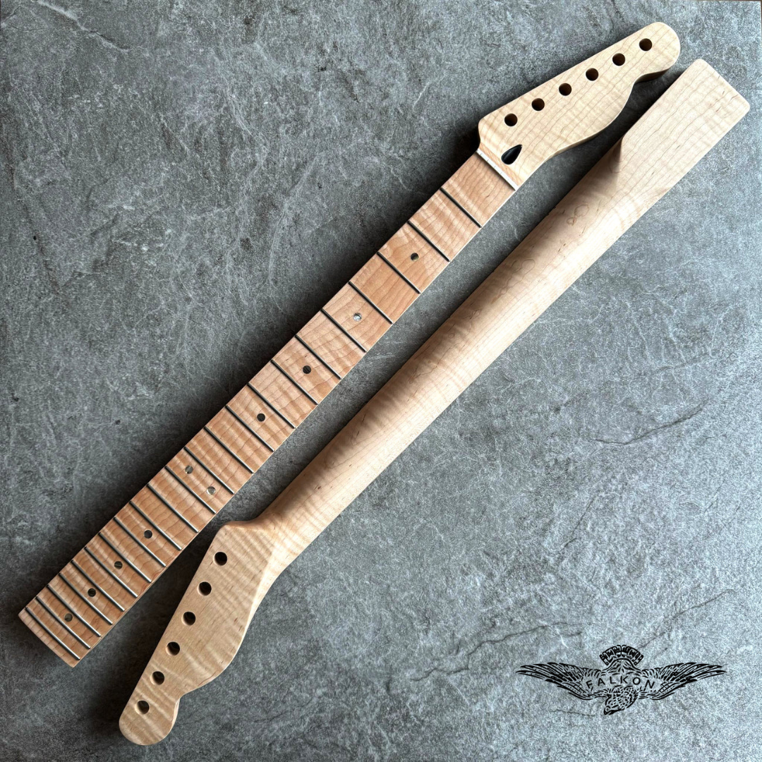 Tele Guitar Neck – 22 Fret Tiger Flame Maple, 12" Radius, Natural Satin
