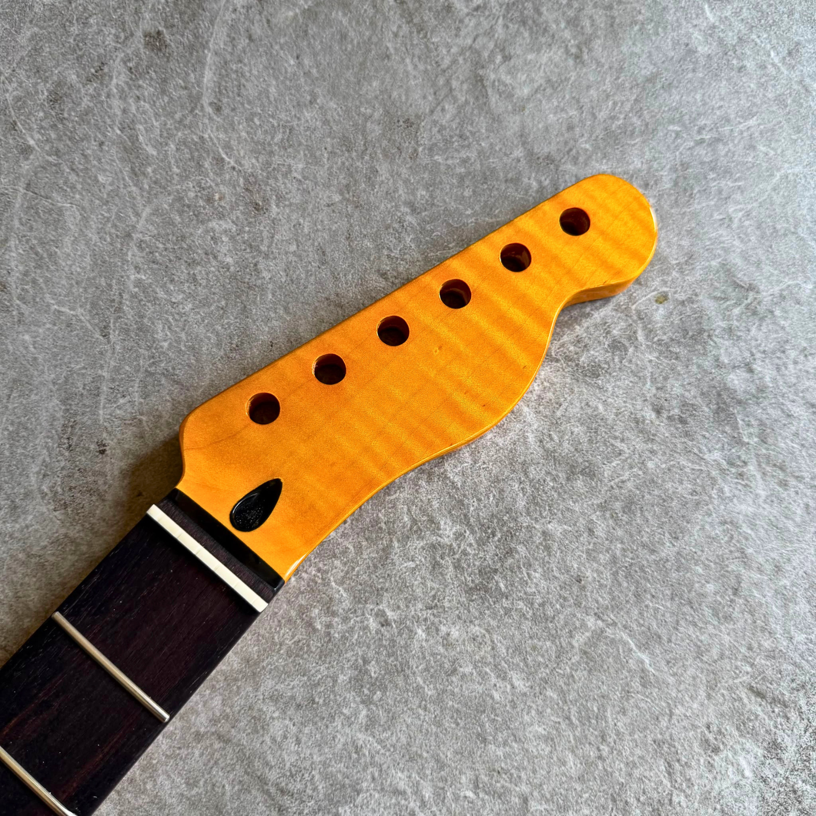 Tele Guitar Neck Yellow Flame Maple 22 Fret Rosewood Fretboard, Gloss Finish, 12" Radius