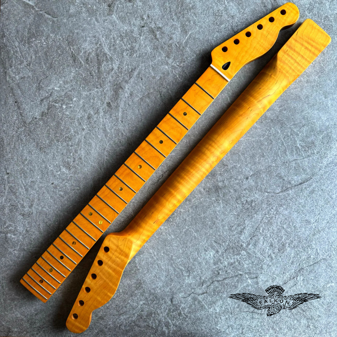 Tele Guitar Neck – 22 Fret Tiger Flame Maple, 12" Radius, Yellow Satin Finish