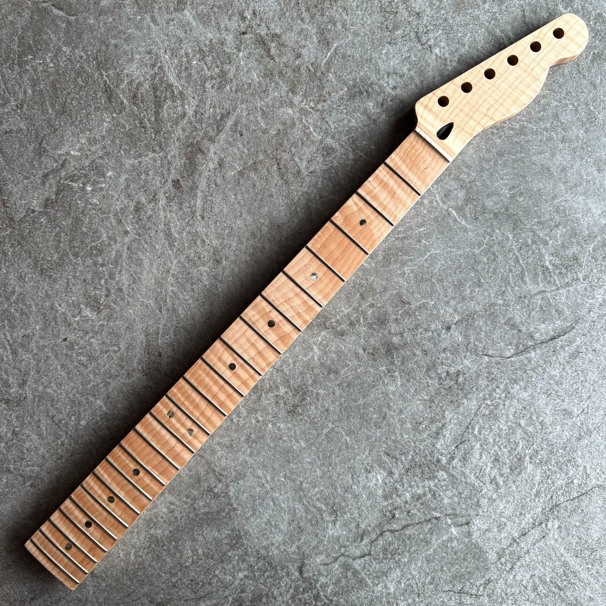 Tele Guitar Neck – 22 Fret Tiger Flame Maple, 12" Radius, Natural Satin