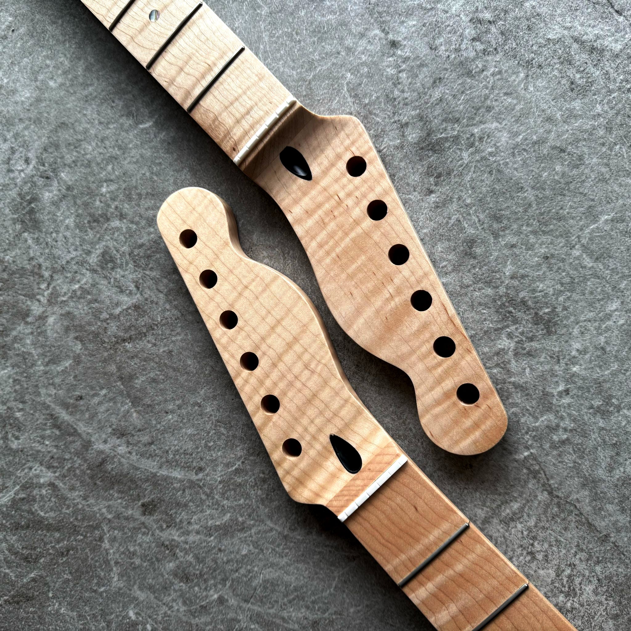 Tele Guitar Neck – 22 Fret Tiger Flame Maple, 12" Radius, Natural Satin
